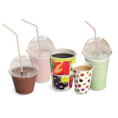 Clear plastic and colored paper cups with domed caps and straws