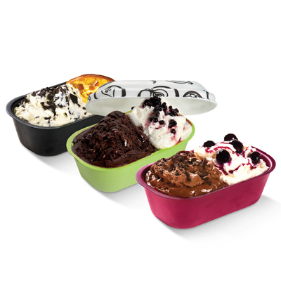 Three colored ice cream tubs