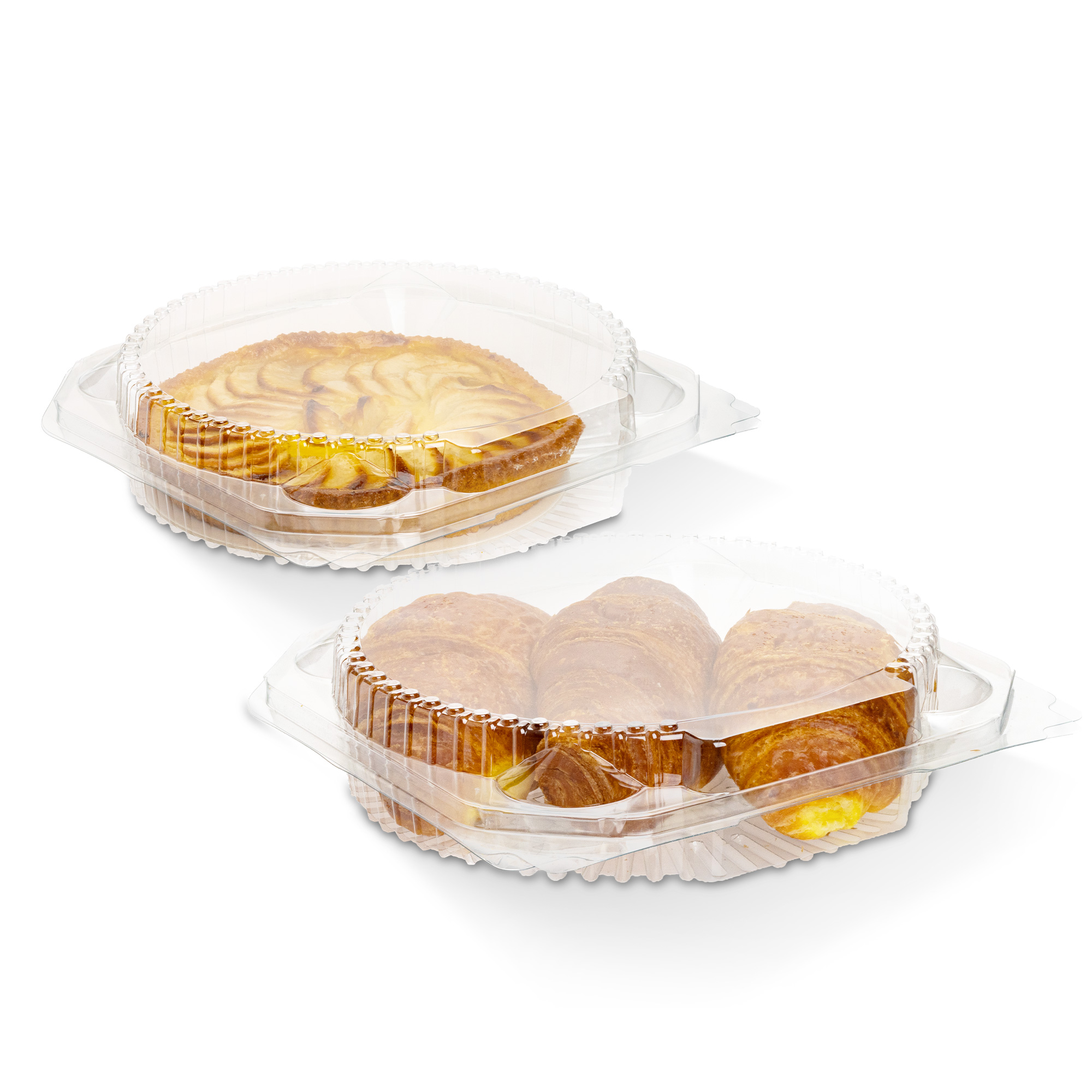 A cake and pastries in plastic trays with lids