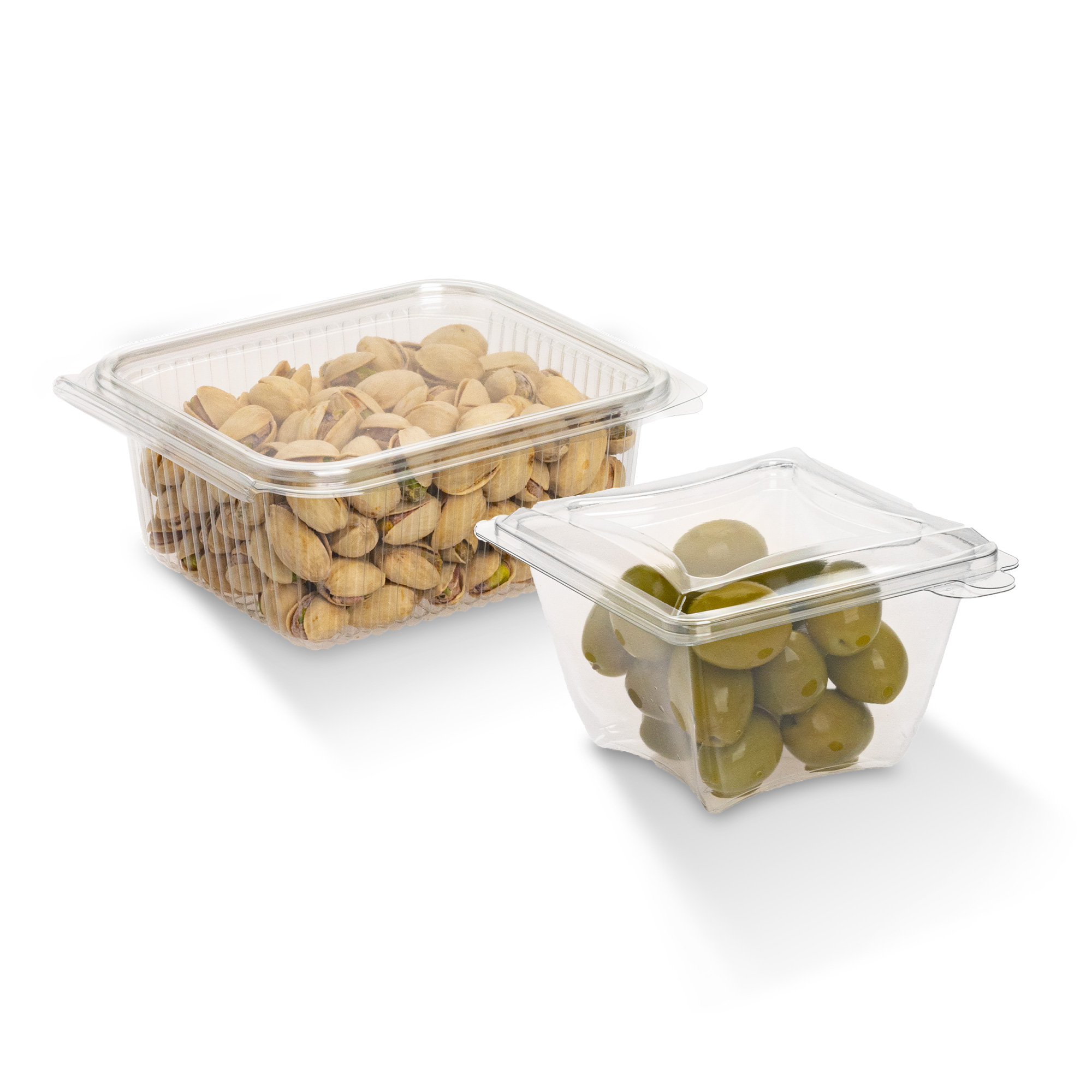 Pistachios and olives in plastic trays with lids